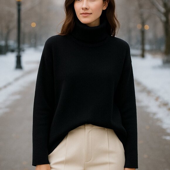 EILEEN FISHER Cashmere Cotton Turtleneck Sweater Black Long Top Size S NWOT - Picture 1 of 9